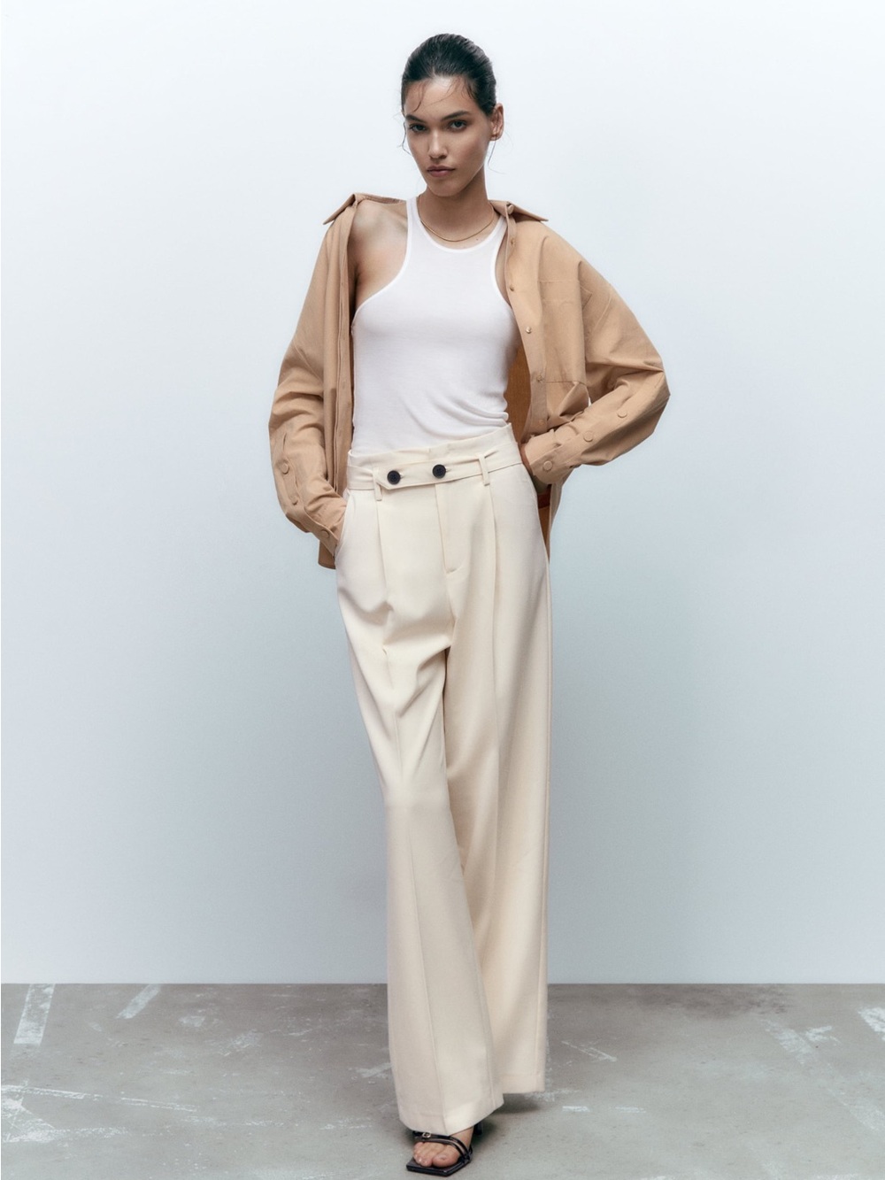 Zara Cream High-Waist Wide-Leg Trousers